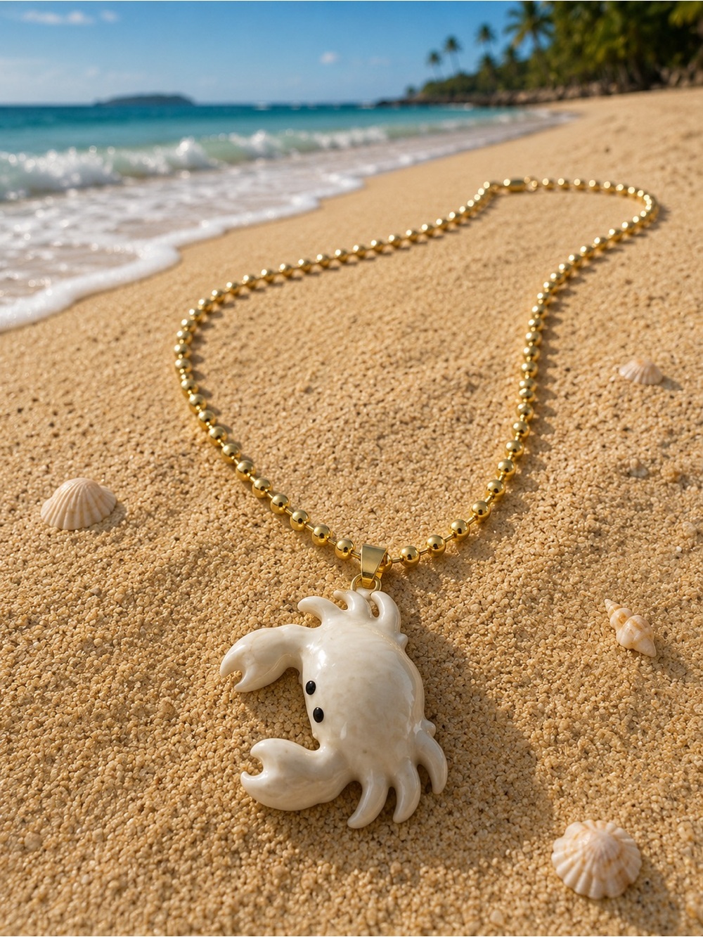 Gold Beaded Necklace with White small Crab Shell Pendant